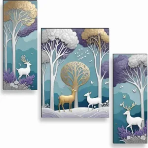SAF deer Paintings for Wall Decoration - Set Of 3, 3d modern art Painting for Living Room Large Size with Frames for Home Decoration, Hotel, Office painting 50.8 cm x 30.48 cm SANFJM36052